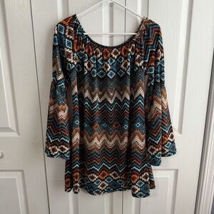 Win Win Multicolor Chevron Bell Sleeve Tunic Women's Size L XL Rodeo Boho